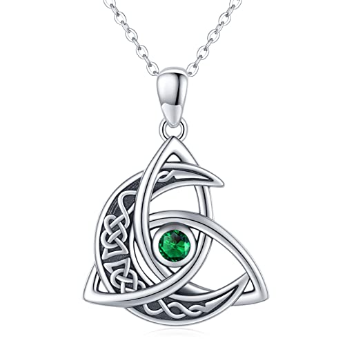 Keltische Mond Kette 925 Sterling Silber Mai Geburtsstein Keltischer Knoten Anhänger Halskette Halbmond Keltischer Schmuck Geschenke für Frauen Mädchen Freundin Mutter Tochter von Midir&Etain