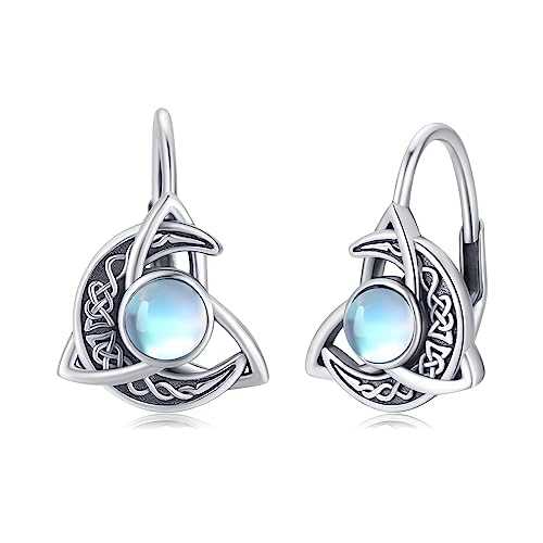 Keltische Ohrringe 925 Sterling Silber Mond Creolen Mondstein Huggie Hoop Leverback Irischer Schmuck Geschenke für Damen Mädchen Freundin von Midir&Etain