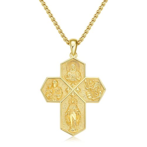 Kette Herren Damen Halskette 925 Sterling Silber 4-Wege-Kreuz Gold Medaille Anhänger, Sacred Heart, Heiliger Christophorus, St. Joseph, Jungfrau Maria Religiöse Schmuck Geschenke für Männer Bruder von Midir&Etain