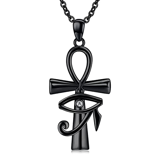 Midir&Etain Ankh Kette Daman Halskette 925 Sterling Silber Schwarz Auge des Horus Anhänger Halskette Ankh Kreuz Schutz Halskette Ägyptischer Schmuck Geschenke für Frauen Mutter von Midir&Etain