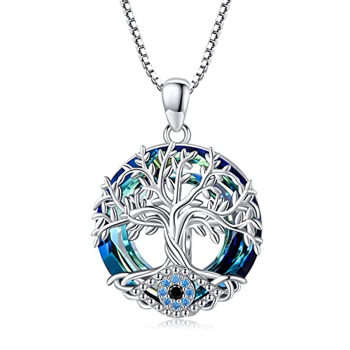 Baum des Lebens Kette Damen Halskette 925 Sterling Silber Böser Blick Anhänger Halskette mit Kristall Türkisch Blau Augenschutz Glücks Kette Schmuck Geschenke für Frauen von Midir&Etain