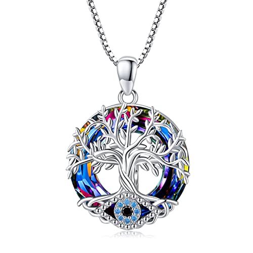 Baum des Lebens Kette Damen Halskette 925 Sterling Silber Böser Blick Anhänger Halskette mit Kristall Türkisch Blau Augenschutz Glücks Kette Schmuck Geschenke für Frauen von Midir&Etain