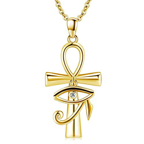 Midir&Etain Gold Ankh Kette Daman Halskette 925 Sterling Silber Auge des Horus Anhänger Halskette Ankh Kreuz Schutz Halskette Ägyptischer Schmuck Geschenke für Frauen Mutter von Midir&Etain