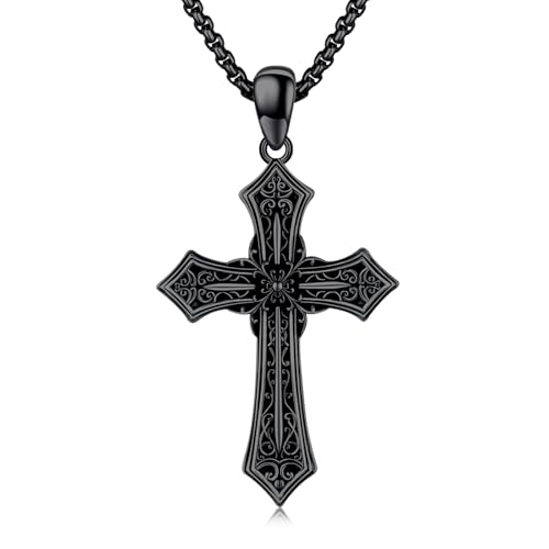 Midir&Etain Gothic Kreuzkette für Herren Damen 925 Sterling Silber Schwarzer Kreuz Halskette Christliche Glaube Schmuck Gotische Geburtstags Geschenk für Jungen Mutter von Midir&Etain