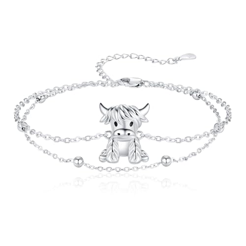 Midir&Etain Hochland Rind Armband 925 Sterling Silber Niedlich Tier Armband Hochlandrinder Schmuck Geschenke für Frauen Mädchen Freundin Damen, Doppelkette Design von Midir&Etain