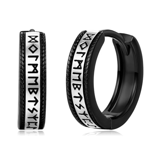 Nordische Wikinger Huggie Creolen Ohrringe 925 Sterling Silber Hypoallergene Wikinger Rune Schwarze Ohrringe Amulett Schutz Schmuck Geschenke für Männer Frauen von Midir&Etain