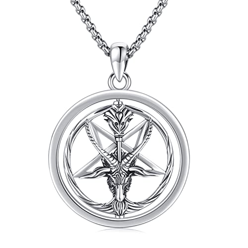 Satanische Ziegenkopf Pentagramm Anhänger Halskette 925 Sterling Silber Baphomet Kette für Männer Frauen Drehbare Spinning Goth Halskette Satanische Schmuck Geschenke von Midir&Etain