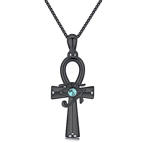 Schwarz Gold Ankh Kette 925 Sterling Silber Auge des Horus Anhängers Halskette Ägyptische Halskette Ankh-Kreuz Schmuck Geschenke für Frauen Damen Mädchen von Midir&Etain