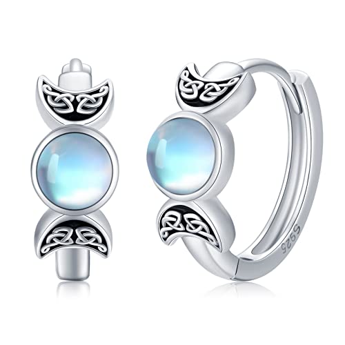 Triple Mond Göttin Ohrringe 925 Sterling Silber Mondstein Mond Huggie Creolen Amulett Pagan Wiccan Schmuck Mond Göttin Geschenke für Frauen Mädchen von Midir&Etain