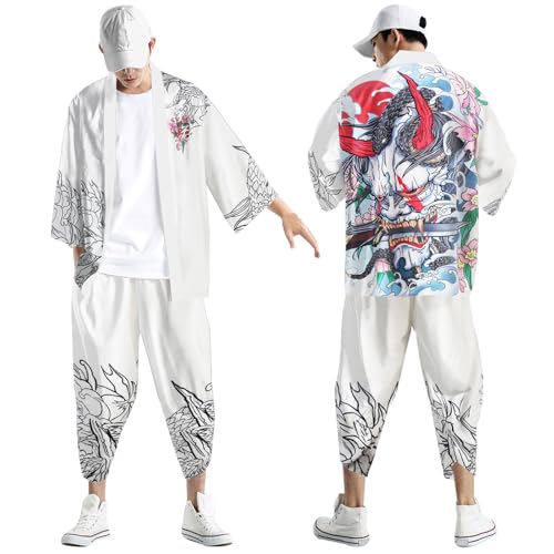 Midiskye Kimono Set Herren Japanisch Druck Lose Cardigan Sommer 3/4 Hülse Kimono Kurzarm Funky Bunte Print Japanische Bademäntel Baggy Nachthemd Strandhemd T-Shirt Set Verkleidung Rennfahrer Kostüm von Midiskye