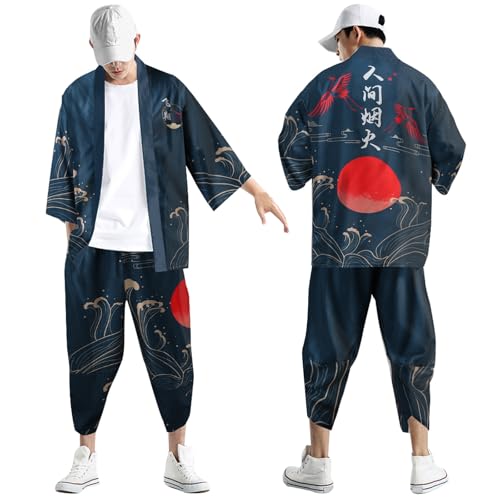 Midiskye Kimono Set Herren Japanisch Druck Lose Cardigan Sommer Oversized Jogginganzug Rennfahrer Kostüm Bademäntel Baggy Nachthemd Strandhemd T-Shirt Loungewear Kimono Japanische Hemd und Hose von Midiskye