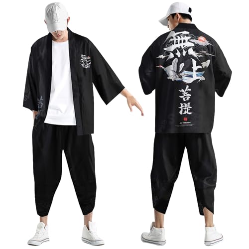 Midiskye Kimono Set Herren Japanisch Druck Lose Cardigan Sommer Oversized Jogginganzug Rennfahrer Kostüm Bademäntel Baggy Nachthemd Strandhemd T-Shirt Loungewear Kimono Japanische Hemd und Hose von Midiskye