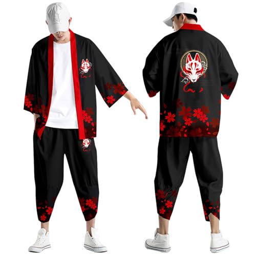 Midiskye Kimono Set Herren Japanisch Druck Lose Cardigan Sommer Oversized Jogginganzug Rennfahrer Kostüm Bademäntel Baggy Nachthemd Strandhemd T-Shirt Loungewear Kimono Japanische Hemd und Hose von Midiskye