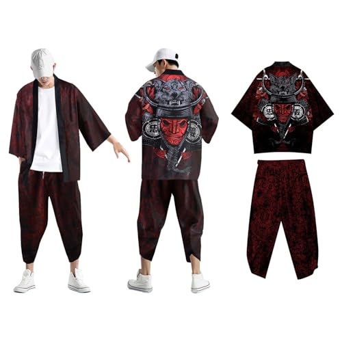 Midiskye Kimono Set Herren Japanisch Druck Lose Cardigan Sommer Oversized Jogginganzug Rennfahrer Kostüm Bademäntel Baggy Nachthemd Strandhemd T-Shirt Loungewear Kimono Japanische Hemd und Hose von Midiskye