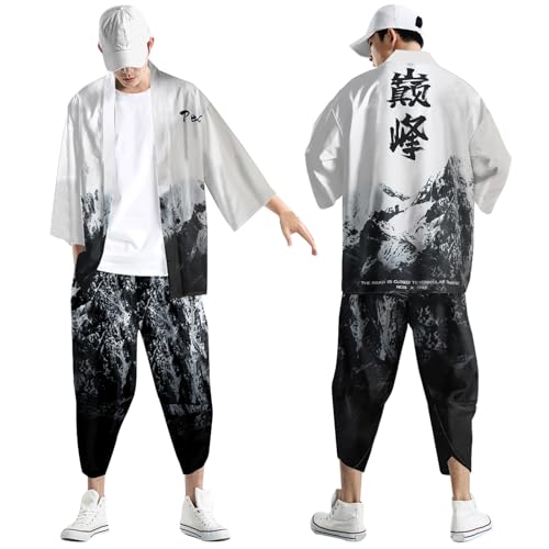 Midiskye Kimono Set Herren Japanisch Druck Lose Cardigan Sommer Oversized Jogginganzug Rennfahrer Kostüm Bademäntel Baggy Nachthemd Strandhemd T-Shirt Loungewear Kimono Japanische Hemd und Hose von Midiskye