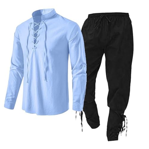 Mittelalter Kleidung Herren Set, Freizeitanzug Wikinger Kleidung Renaissance Kostüm Set mit Leinenhemd Mittelalterliches Piratenhemd Mittelalter Hose Freizeitanzug von Midiskye