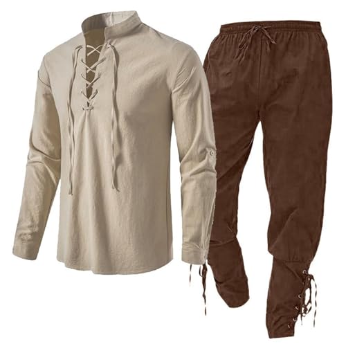 Mittelalter Kleidung Herren Set, Freizeitanzug Wikinger Kleidung Renaissance Kostüm Set mit Leinenhemd Mittelalterliches Piratenhemd Mittelalter Hose Freizeitanzug von Midiskye