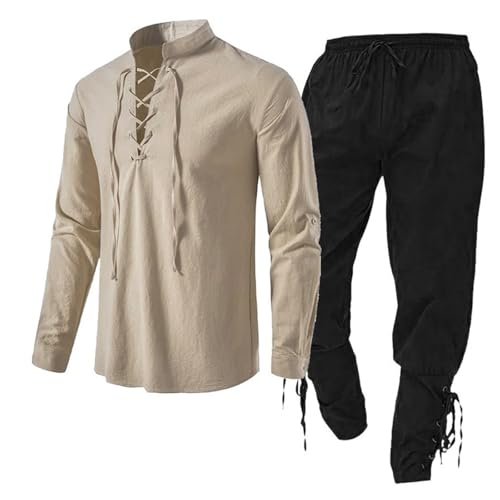 Mittelalter Kleidung Herren Set, Freizeitanzug Wikinger Kleidung Renaissance Kostüm Set mit Leinenhemd Mittelalterliches Piratenhemd Mittelalter Hose Freizeitanzug von Midiskye