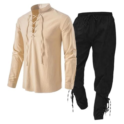 Mittelalter Kleidung Herren Set, Freizeitanzug Wikinger Kleidung Renaissance Kostüm Set mit Leinenhemd Mittelalterliches Piratenhemd Mittelalter Hose Freizeitanzug von Midiskye