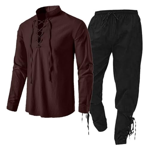 Mittelalter Kleidung Herren Set, Freizeitanzug Wikinger Kleidung Renaissance Kostüm Set mit Leinenhemd Mittelalterliches Piratenhemd Mittelalter Hose Freizeitanzug von Midiskye