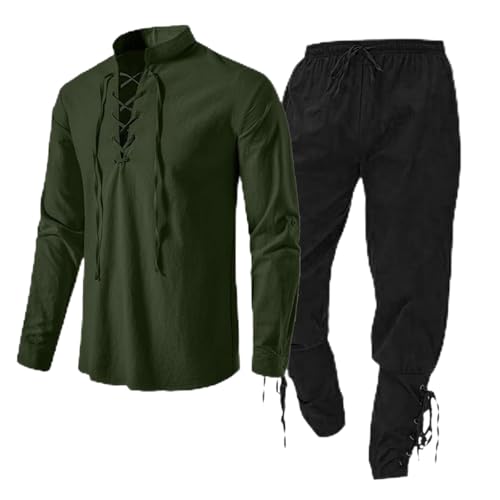 Mittelalter Kleidung Herren Set, Freizeitanzug Wikinger Kleidung Renaissance Kostüm Set mit Leinenhemd Mittelalterliches Piratenhemd Mittelalter Hose Freizeitanzug von Midiskye