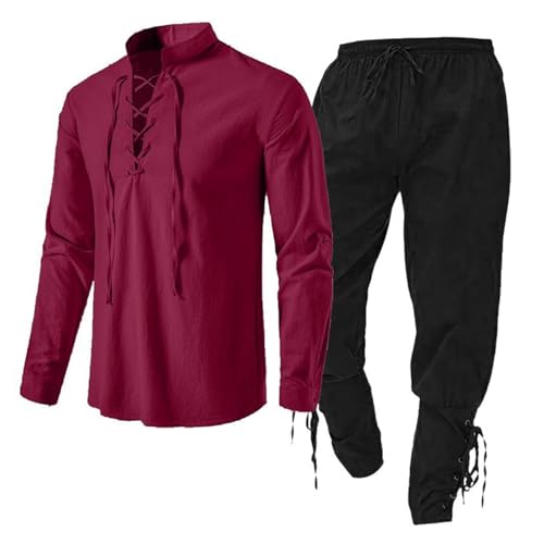 Mittelalter Kleidung Herren Set, Freizeitanzug Wikinger Kleidung Renaissance Kostüm Set mit Leinenhemd Mittelalterliches Piratenhemd Mittelalter Hose Freizeitanzug von Midiskye