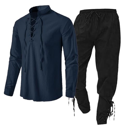 Mittelalter Kleidung Herren Set, Freizeitanzug Wikinger Kleidung Renaissance Kostüm Set mit Leinenhemd Mittelalterliches Piratenhemd Mittelalter Hose Freizeitanzug von Midiskye