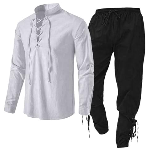 Mittelalter Kleidung Herren Set, Freizeitanzug Wikinger Kleidung Renaissance Kostüm Set mit Leinenhemd Mittelalterliches Piratenhemd Mittelalter Hose Freizeitanzug von Midiskye