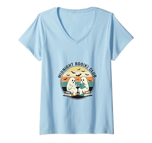 Damen Midnight Book (k) Club Spooky Ghosts Lesen Bücher Fledermäuse T-Shirt mit V-Ausschnitt von Midnight Boook Club