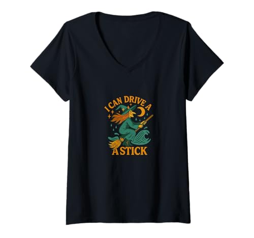 Damen I Can Drive A Stick Witch Halloween Besen Design T-Shirt mit V-Ausschnitt von Midnight Broomstick Humor Emporiums