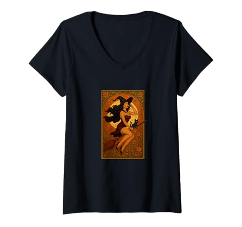 Damen Halloween Witch Pinup Reitbesen mit schwarzer Katze T-Shirt mit V-Ausschnitt von Midnight Charm Covens