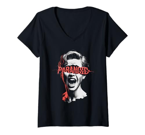 Damen Paranoid Scream Verzerrter Text Horror-Stil T-Shirt mit V-Ausschnitt Damen Paranoid Scream Verzerrter Text Horror-Stil T-Shirt mit V-Ausschnitt von Midnight Echo Apparel