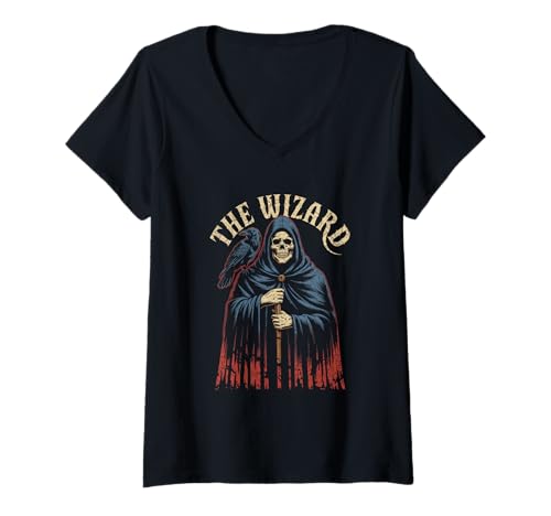 Damen Sensenmann Zauberer mit Rabe Dark Fantasy T-Shirt mit V-Ausschnitt von Midnight Echo Apparel