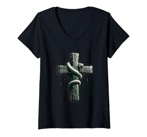Damen Steinkreuz mit Schlange Sabbath Gothic Art T-Shirt mit V-Ausschnitt Damen Steinkreuz mit Schlange Sabbath Gothic Art T-Shirt mit V-Ausschnitt von Midnight Echo Apparel