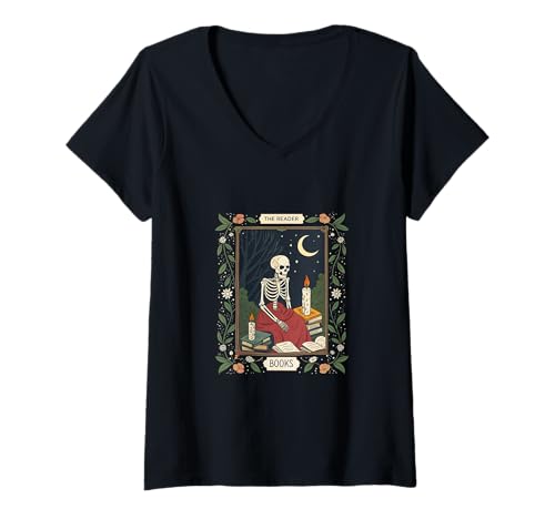 Damen Skelettleser Tarot-Stil Buch Halloween T-Shirt mit V-Ausschnitt Damen Skelettleser Tarot-Stil Buch Halloween T-Shirt mit V-Ausschnitt von Midnight Lore Studio