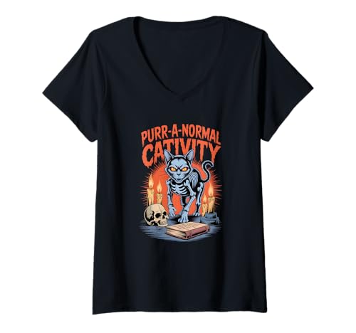 Damen Purr A Normal Cativity Retro Halloween Skelett Katze T-Shirt mit V-Ausschnitt von Midnight Meow