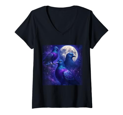 Damen Mystisches Tauben-Trio mit Vollmond-Meme-Kunst T-Shirt mit V-Ausschnitt Damen Mystisches Tauben-Trio mit Vollmond-Meme-Kunst T-Shirt mit V-Ausschnitt von Midnight Moon Feather Co.