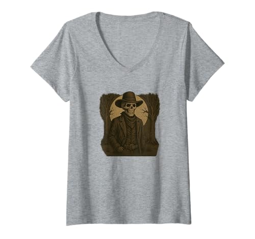 Damen Western Gothic Skelett Cowboy Design dunkel T-Shirt mit V-Ausschnitt Damen Western Gothic Skelett Cowboy Design dunkel T-Shirt mit V-Ausschnitt von Midnight Range Apparel Co.