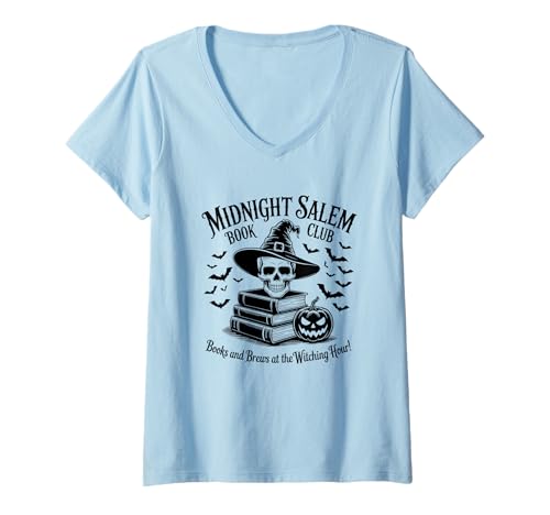 Damen Midnight Salem Book Club Bücher Besen Hexenstunde T-Shirt mit V-Ausschnitt Damen Midnight Salem Book Club Bücher Besen Hexenstunde T-Shirt mit V-Ausschnitt von Midnight Salem Book Club Halloween Witchy Vibes