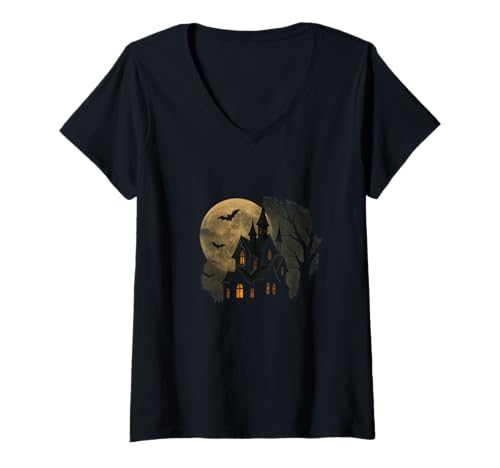 Damen Spukhaus Halloween Spooky Night Design T-Shirt mit V-Ausschnitt Damen Spukhaus Halloween Spooky Night Design T-Shirt mit V-Ausschnitt von Midnight Shadows Apparel