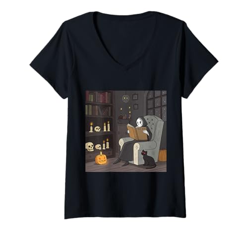 Damen Gespenstischer Leser mit Katzen- und Kürbisszene T-Shirt mit V-Ausschnitt Damen Gespenstischer Leser mit Katzen- und Kürbisszene T-Shirt mit V-Ausschnitt von Midnight Spooky Library Co.