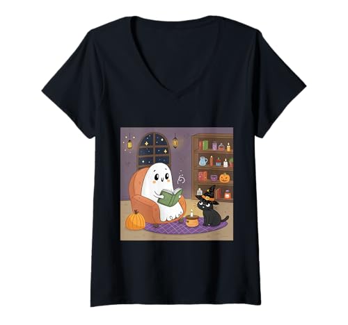 Damen Gemütlicher Lesegeist mit Katze, Halloween-Szene T-Shirt mit V-Ausschnitt Damen Gemütlicher Lesegeist mit Katze, Halloween-Szene T-Shirt mit V-Ausschnitt von Midnight Whimsy Co.
