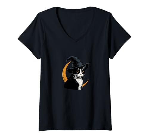 Damen Schwarz-weiße Smoking-Katze, Hexe, Halloween, Halbmond-Design T-Shirt mit V-Ausschnitt Damen Schwarz-weiße Smoking-Katze, Hexe, Halloween, Halbmond-Design T-Shirt mit V-Ausschnitt von Midnight Whiskers Emporiums