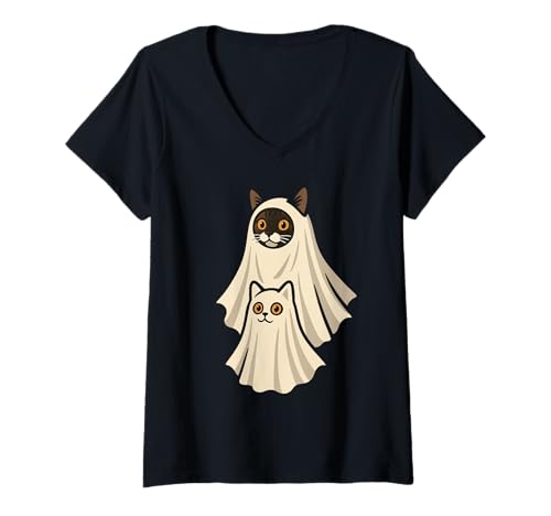 Damen Niedliche Geisterkatzen, lustiges Halloween-Kätzchen T-Shirt mit V-Ausschnitt von Midnight Whiskers Spooky