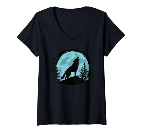Damen Blue Moon Heulender Wolf Silhouette - Nachtwald Tierkunst T-Shirt mit V-Ausschnitt Damen Blue Moon Heulender Wolf Silhouette - Nachtwald Tierkunst T-Shirt mit V-Ausschnitt von Midnight Wild Designs