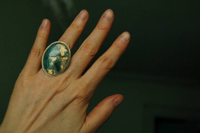 Moos Achat Ring Merlins Gold Und Silber Größe 9 von Midnightzodiac