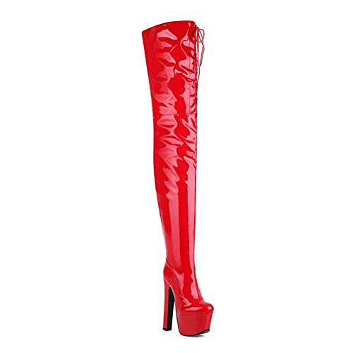 MiduoHu Damenstiefel Über Dem Knie High Heels Absatz, Overknee-forStiefel Aus Lackleder Mit Plattformseitigem Reißverschluss Und Lange Schnürstiefel Vorne,High Heels (Color : Red, Size : 38 EU) von MiduoHu