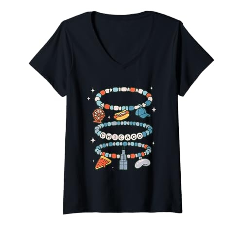 Damen Chicago Freundschaftsarmband Stack Wind City Design T-Shirt mit V-Ausschnitt Damen Chicago Freundschaftsarmband Stack Wind City Design T-Shirt mit V-Ausschnitt von Midwest Charm Collective