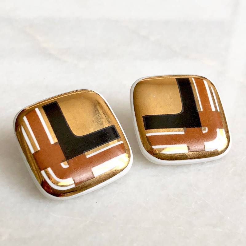 Gold Ohrringe Quadrat Karierte Streifen Schwarz Sienna Braun Weiß Metall Vintage Distressed Ohrstecker Schmuck Gold Ohrringe Quadrat Karierte Streifen Schwarz Sienna Braun Weiß Metall Vintage Distressed Ohrstecker Schmuck von MidwestVintageShop