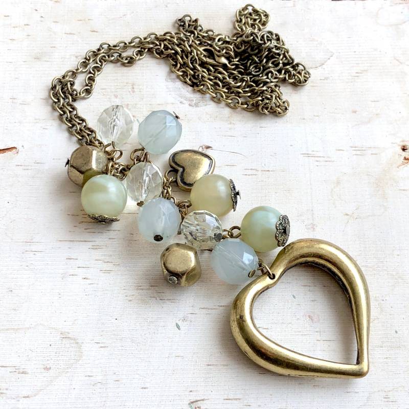 Herz Halskette Silber Messing Gold Metall Anhänger Perlen Vintage Boho Schmuck von MidwestVintageShop